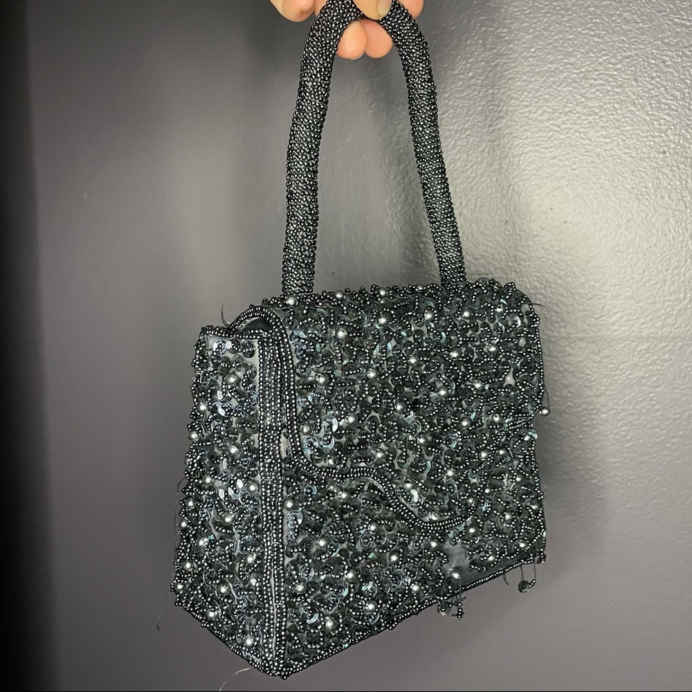 Vintage Handmade Beaded Dark Blue mini handbag
